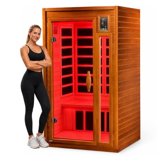 DYNAMIC SAUNAS Barcelona 1- to 2-Person Low EMF FAR Infrared Sauna with Red Light Therapy & Bluetooth Speakers | Personal Indoor Dry Heat Sauna for Home & Gym – Made from Canadian Hemlock