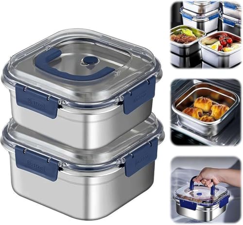 Image of Tanjiae Stainless Steel Lunch Box with Lid and Lock Clips, 1500ml Food Storage Container with Handle and Clear Top, Square Metal Food Container for Kitchen and Meal Storage (2PCS)