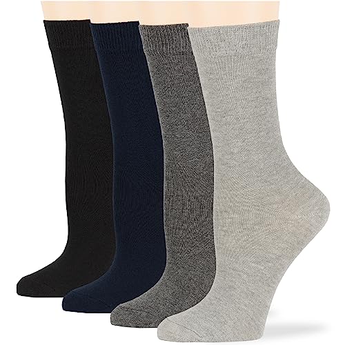 7BigStars Women's Cotton Dress Socks - 4 Pack L/M - Solid Assorted Crew Calf Black Brown Blue Grey Beige Khaki Olive Green