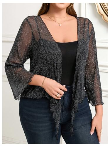 OYOANGLE Women's Plus Size Glitter Long Sleeve Sheer Tie Front Cardigans Party Lightweight Bolero Shrug4