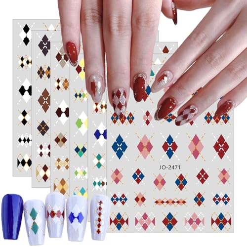6 Sheets Autumn Winter Plaid Nail Art Stickers Brown Rhombus Bronzing...