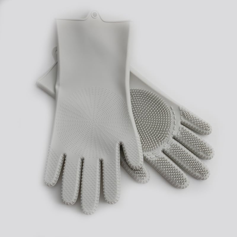 Gudahower Silicone cleaning gloves, dishwashing gloves, pet shower gloves, with bristles, uniform size (gray)