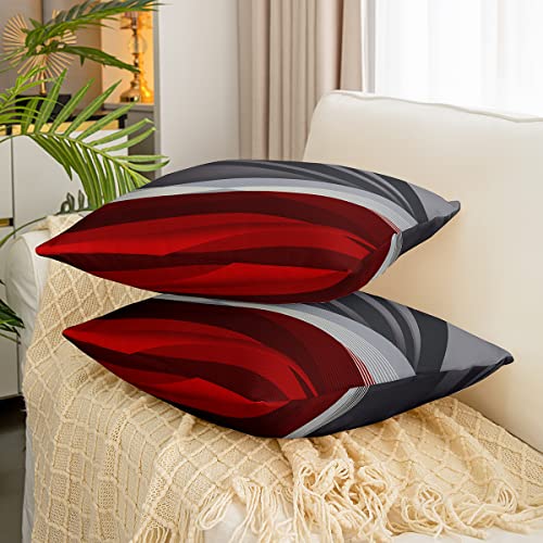 Loussiesd Set of 2 Throw Pillow Covers Geometric Strip Lines Cushion Case for Home Living Room Decor Reversible Modern Abstract Art Red Black Grey Decorative Throw Cushion Case 18x18 Inch - Image 3