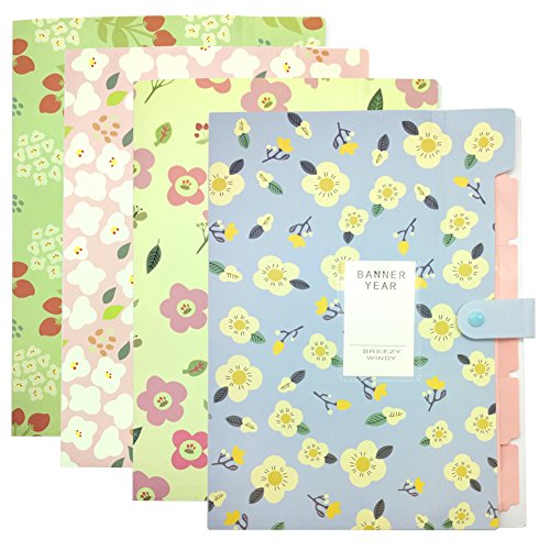 MinniLove A4 ファイルケース 多層書類袋 オルガンフォルダ 書類整理袋 領収書入れ ファイルストレージバッグ PVC防水 スナップボタン (5層-フローラル柄4種類入)