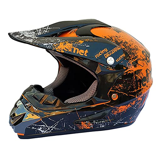 Woljay Casco da Motocross Occhiali Moto Cross Integrali per Downhill AVT Offroad Scooter bambini Adulti - 3 regali (S, Arancione 80)