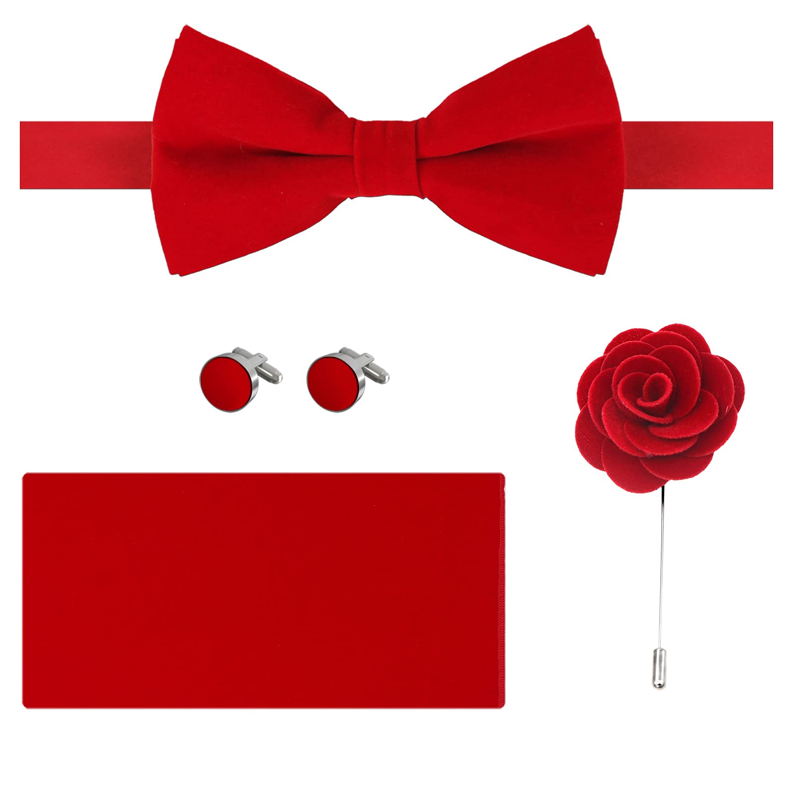 Dan SmithMan Solid Bowtie Handkerchief Cuff-Links Flower Lapel Pin Set Velvet Shirt Accessories
