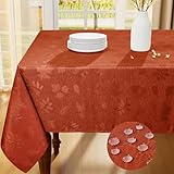 smiry Fall Jacquard Tablecloth, 60x102 Inch Waterproof Autumn Leaves Damask Table Cloth, Rectangle Fabric Table Covers for Harvest Parties, and Thanksgiving Dinner, Rust