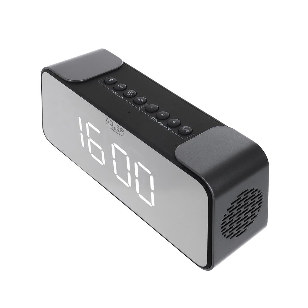 Adlereurope AD 1190 Kabelloser Radiowecker - FM, 3 Weckermodi, LED-Display, Bluetooth 5.0, AUX/SD, 1800 mAh Akku, Spiegeloberfläche, 24/12-Stunden-Uhr, Silber/Schwarz