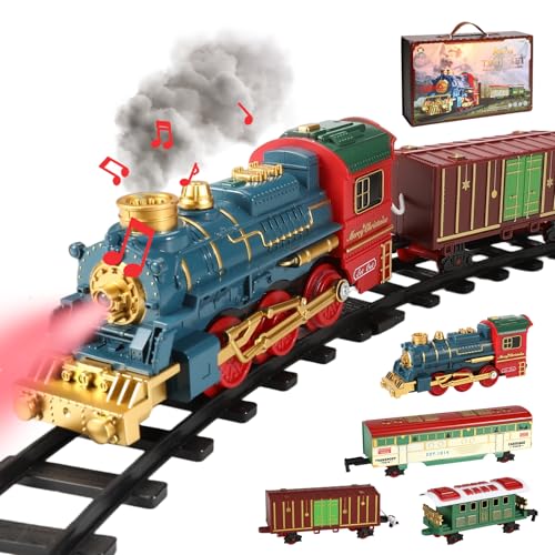 Tren Eléctrico de Navidad, Tren Árbol de Navidad Eléctrico con Luces LED, Sonido y Vapor, Juegos de Trenes de Vapor con Vía de Bricolaje, Vagones, Batería Recargable, Trenes Electrico Juguete Niños