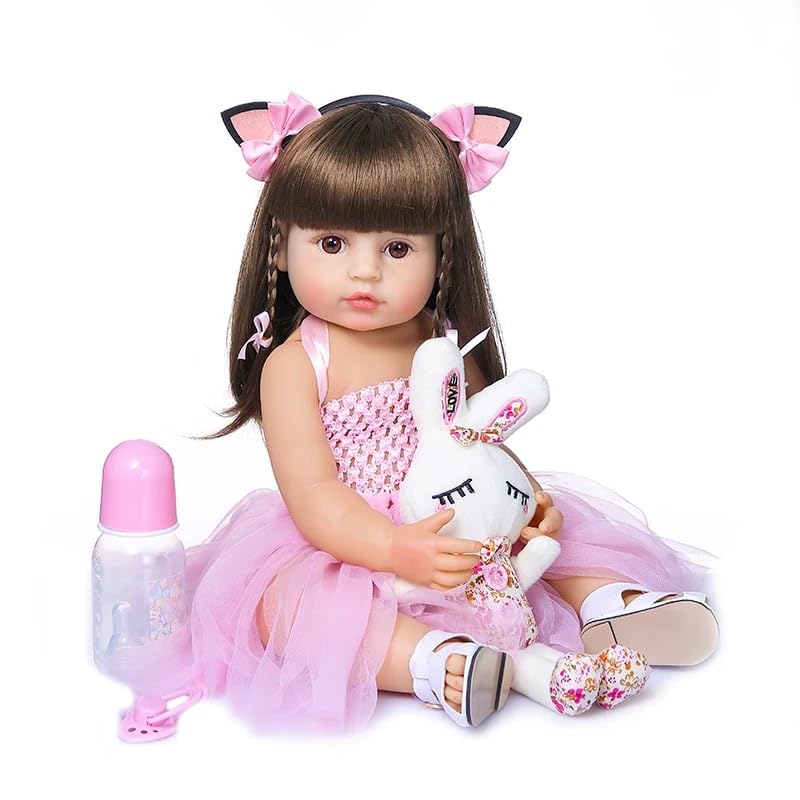 Pinky Reborn 22 inch Reborn Baby Dolls Girl Full Body Realistic Baby Touch Lifelike Reborn Toddler Handmade with Genesis Paint Brown Hair Anatomically