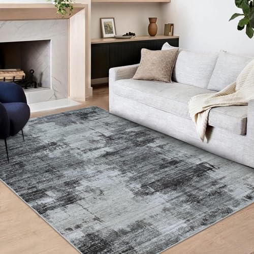 Famibay Teppich Wohnzimmer 140x200cm Waschbar Teppich Schlafzimmer Kurzflor Schwarz Grau Wohnzimmerteppich Modern Abstrakt für Wohnzimmer Schlafzimmer Esszimmer