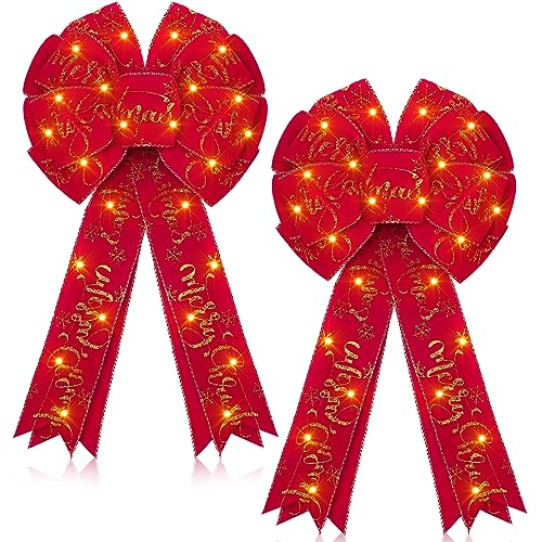 Wettal 2 Pcs Lighted Christmas Bows LED Tree Topper Decoration 18 x 10'' Large Glitter Xmas Wreath Bow Winter Front Door Ornaments for Wreath Indoor Outdoor Party(Red, Classic Style)