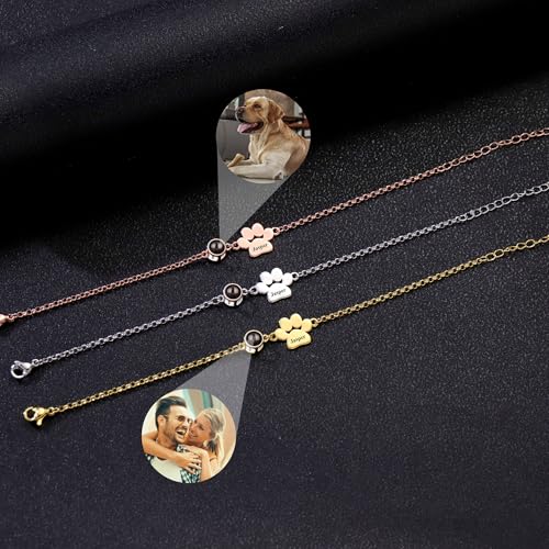 Aina Lighting Personalisiertes Fotoarmband mit Hundepfotenabdruck und Namen,Projektionsarmband mit Bild im Inneren, Schmuckgeschenke zum Gedenken an Haustiere für Frauen