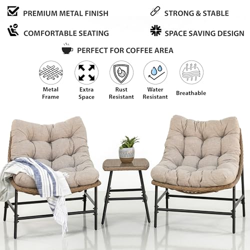 Image of OUTLIVING Fluffo Outdoor Two Seater Braid & Rope Conversation Set | UV & Water Resistant Patio & Garden Furniture Set with 2 Cushioned Chairs & Center Table with Glass Top | Beige