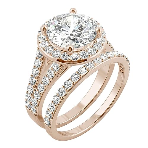 Charles & Colvard 14K Rose Gold Forever One Colorless 9mm Round Moissanite Split Shank Halo Bridal Set, 3.69cttw DEW2