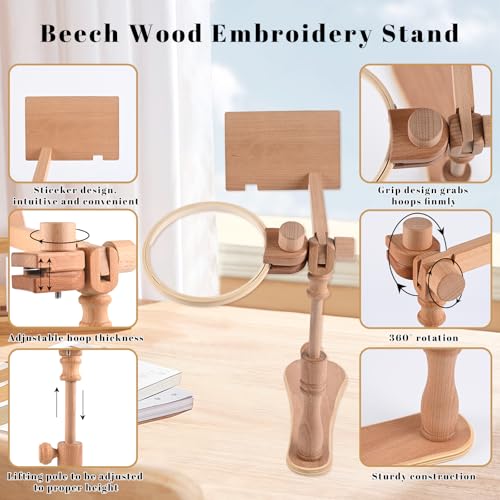 Image of GeryVtee Embroidery Hoop Stand 360Adjustable Sitting Cross Stitch Stand Easy to Use Wooden Embroidery Hoop Holder with 4 Pcs Embroidery Hoops Rotated for Embroidery Projects