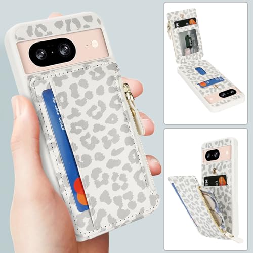 Image of Cavor for Google Pixel 8 Case Wallet with Card Holder, Leopard White