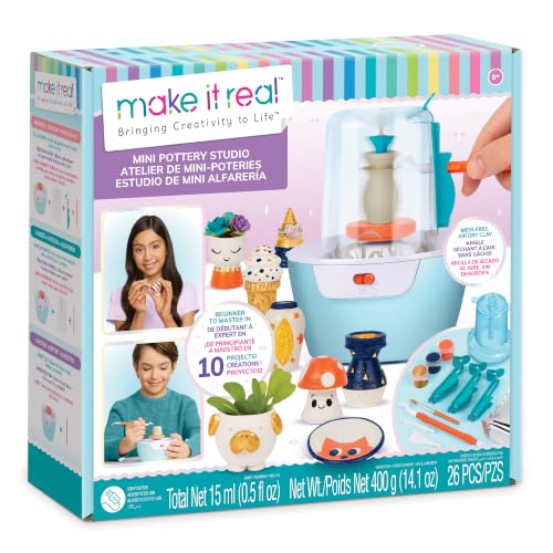 Make It Real Mini Pottery Studio - Mini Pottery Kit with Ceramic Wheel Air Dry Clay for Kids Crafts for 8 Year Old Girls + 10 Projects Mess Free Creative Art Set Clay Kits for Tweens 26 Pcs