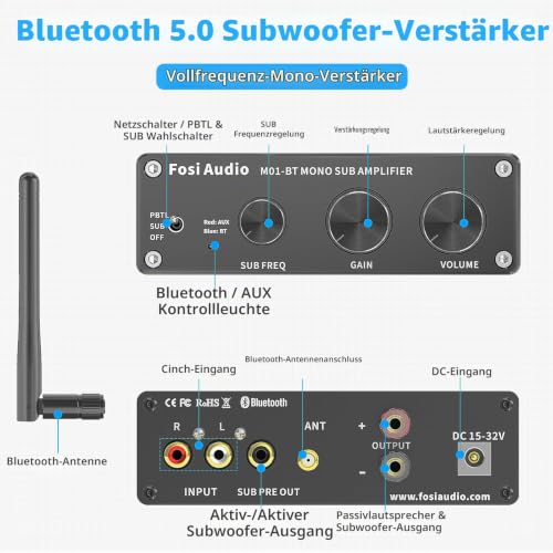 Fosi Audio M01-BT HiFi Subwoofer Verstärker 300W, TDA7498E Bluetooth 5.0 Monokanal...