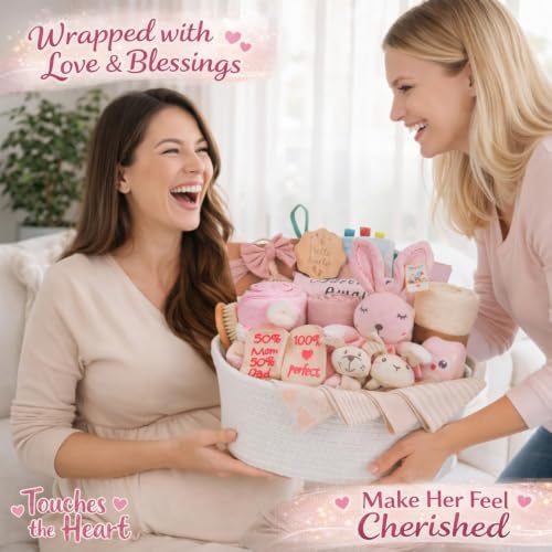 Image of Ultimate Baby Girl Shower Gift Basket Set - Newborn Essentials, Large Pink Gift Basket With Rattle, Swaddle, Diaper Caddy Organizer