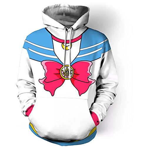 Nsoking Hot Japanese Sailor Moon Print Top Sweater Coat Hooded Hoodie Sports Coat (XX-Large, White&Blue)