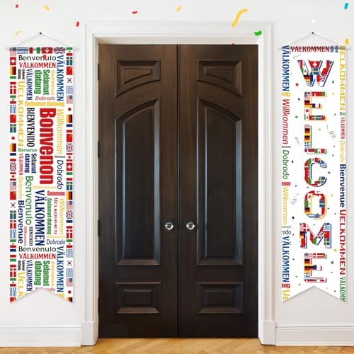 Panelee 2 Pcs International World Flag Decorations 47.2 x 11.8 Inch Welcome World Flags Banner Polyester Country Flag Porch Sign for Classroom Sport Events Friend Gatherings Celebration Party Supplies