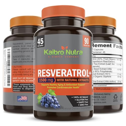 kaibro nutra resveratrol supplement 1500mg extra strength trans resveratrol quercetin with japanese knotweed extracts anti-aging radiant skin and immunity support vegan amp non-gmo 90 capsules