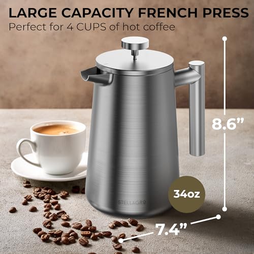 STELLAGRO French Press Coffee Maker, Stainless Steel French Press, 34 Oz / 1L, Large Insulated Double Wall Coffee Maker with 3 Extra Mesh Filters, Satin Finish, Silver