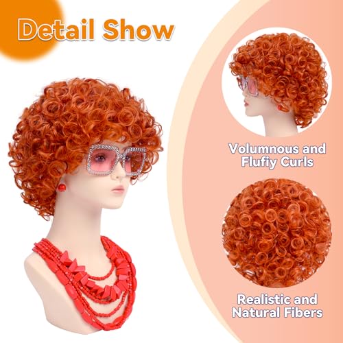 Image of Women Roper Curly Orange Red Cosplay Wig with Necklace Earrings and Sunglasses for Women Hallween Costume Wig