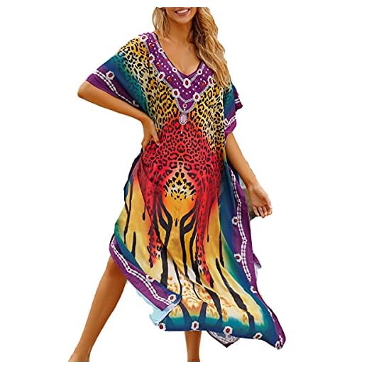 Snyemio Kaftan Vestido Largo de Playa Mujer Maxi Pareo Floral Verano Túnica Boho Talla Grande Kimono, Color 10, Talla única