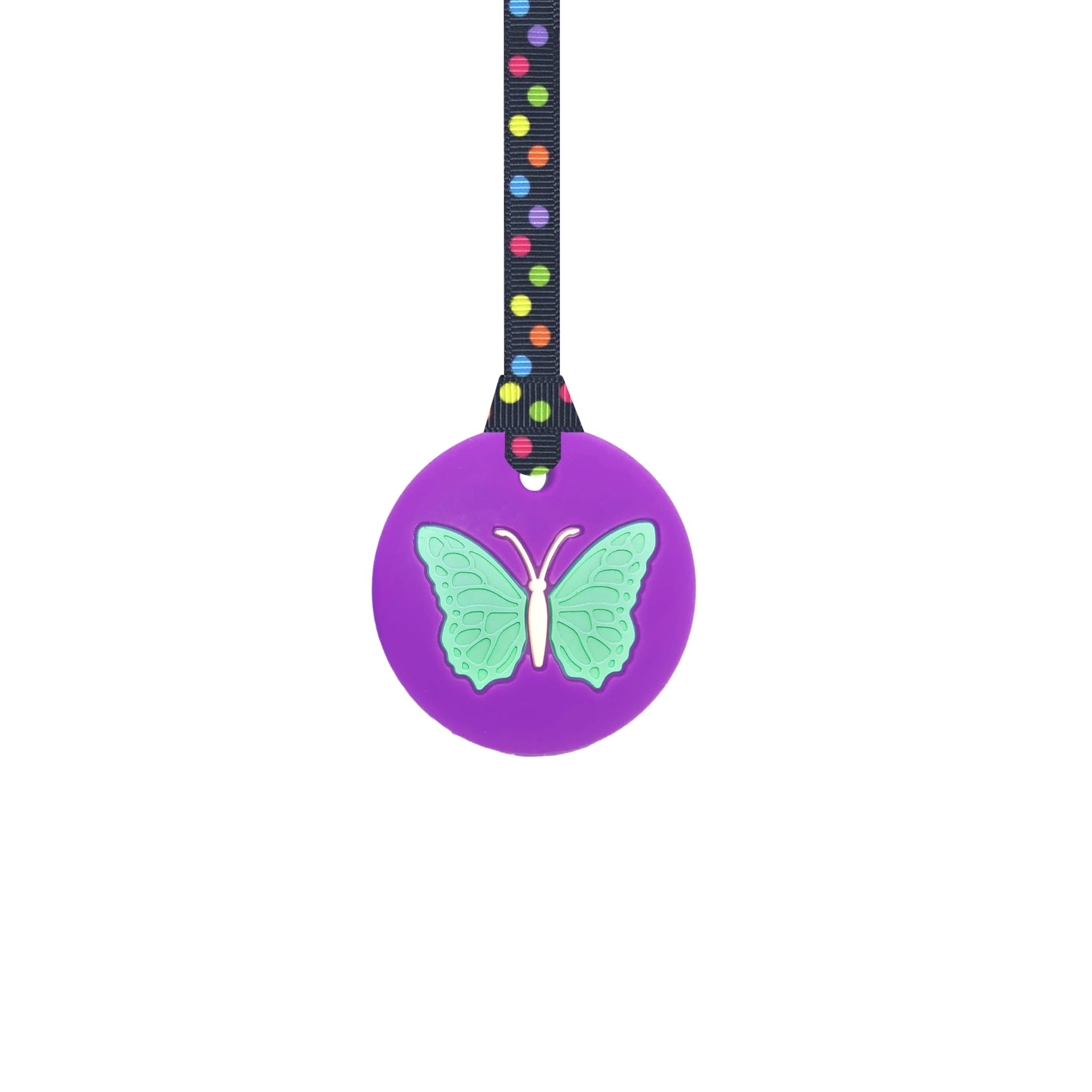 Butterfly Chew Necklace with Lanyard - Purple - Sensory Chew for Kids with Autism, Anxiety & ADHD – 100% Food Grade Silicone - Sensory Oojamabobs (8 Designs Available) (Black dots, 70cm Lanyard)