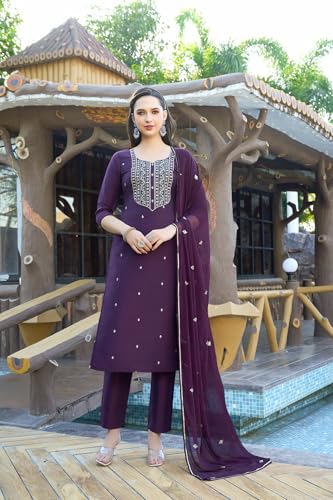 Image of GoSriKi Women's Cotton Blend Embroidered Kurta Set with Pant & Dupatta - Straight Calf‑Length, 3 /4 Sleeve, Round Neck - Elegant Ethnic Attire (5 Colors, S-5XL)