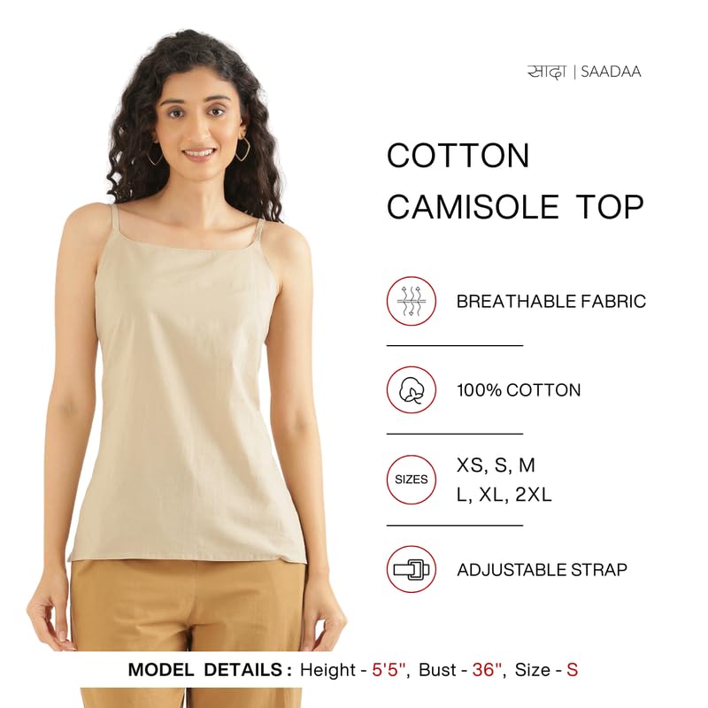 Image of SAADAA Women's 100% Cotton Camisole Top | Soft & Breathable Cambric Fabric | Adjustable Straps, Square Neckline | Comfortable All-Day Wear