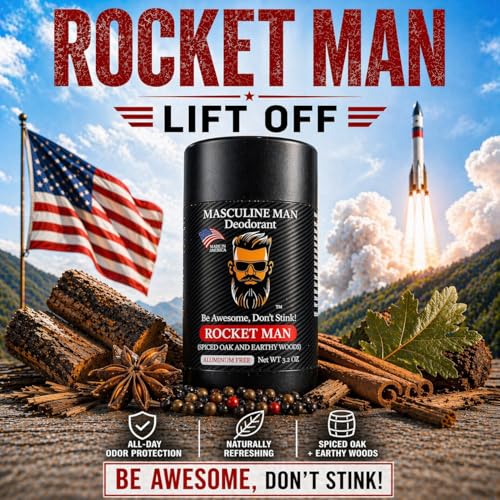 Image of Deodorant for Men - Aluminum Free Men's Natural Deodorant - Long-Lasting Fresh Spiced Oak & Earthy Woods Scent, Stain-Free, Made in USA, 3.2oz - Rocket Man