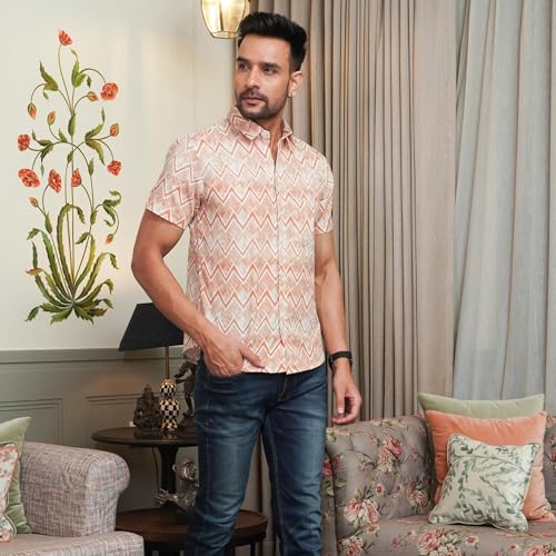 Image of Peach Chevron Printed Cotton Casual Shirt for Men | Half Sleeve | Regular Collar | Regular Fit
