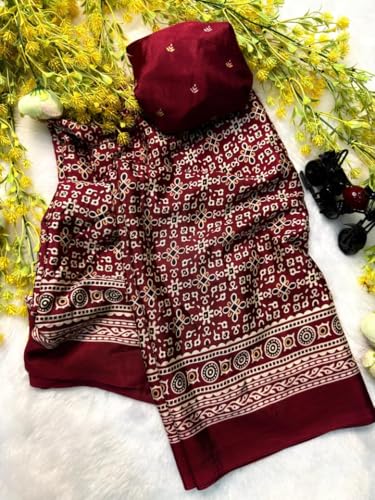 Image of SATIKA VASTRAM Modal Silk Ajrakh Saree Bandhani Design Crepe Printed Designer Pallu Attach Blouse Piece