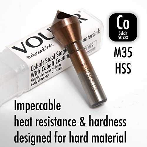 Vouyar Cobalt Steel Single End Countersink Drill Bit With Cobalt Coating Finish For Hard Metal Wood, 90 Degree M35 Hss, 8Mm Round Shank, 14Mm Body Diameter #TOP5