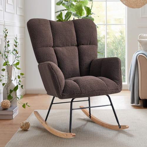 Kiztir Rocking Chair Nursery, High Backrest Teddy Glider Rocker Upholstered Rocker Recliner Modern Rocking Accent Chairs for Bedroom, Living Room, Offices (Brown)