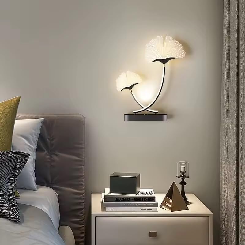 Image of Modern LED Wall Sconce Light, Dual Ginkgo-Stem Leaf Design, Metal Base with Three Colour Illumination (Warm White, Natural White, Cool White), Indoor Decorative Lighting, Black