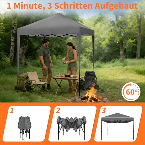 ISE Pavillon 3x3 mit 4 Seitenwänden, Faltpavillon 3x3 Stabil inkl.Tragtasche, Pavillion Stabil Winterfest UV-Schutz 50+,Partyzelt höhenverstellbar, Gartenpavillon Pop up für Outdoor & Camping Grau
