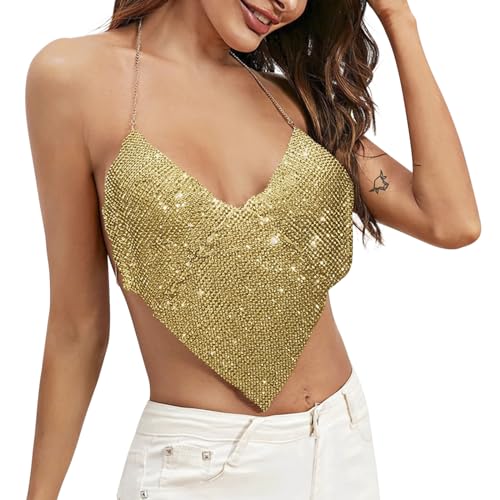 Sexy Halter Neck Rhinestone Crop Top for Women Deep V Adjustable Backless Chest Chain Tank Top Festival Rave Club Outfits2