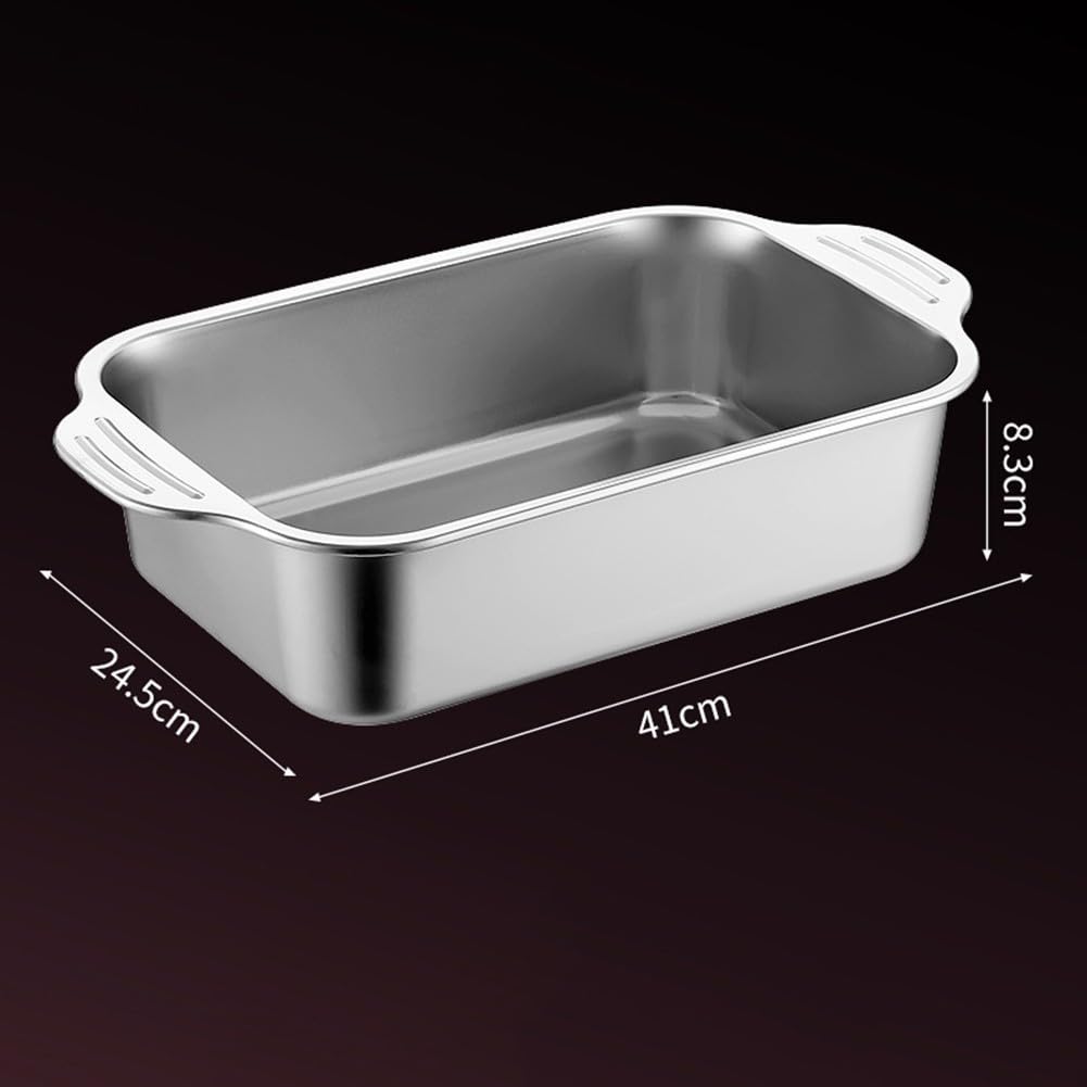 Teglia da forno in acciaio inox, grande, 46 cm, adatta al forno fino a 250 °C, lavabile in lavastoviglie, rettangolare, per pasta, carne, torte, argento (41d)