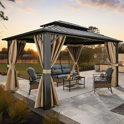 YITAHOME 10x12ft Gazebo Double Roof Hardtop with Nettings and Curtains, Heavy Duty Galvanized Steel Outdoor Vertical Stripes Roof for Patio, Backyard, Deck, Lawns, Brown