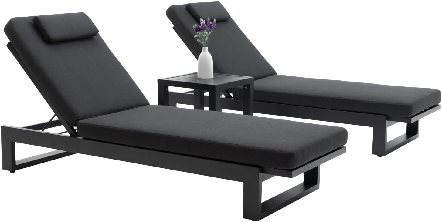 Patio Chaise Lounge Chair Set of 3 Outdoor 5 Adjustable Position Recliner Tanning Lounger with Side Table for Patio,Beach,Yard,Pool,Dark Grey