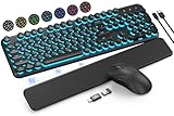 Wireless Keyboard and Mouse Backlit - Typewriter Keyboard with Magnetic Wrist Rest, Retro Round Keycaps, Light Up Letters, 2.4GHz Cordless Combo for Mac, Windows, PC, Laptop, Trueque [Upgraded]