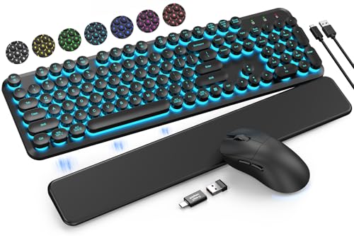 Wireless Keyboard and Mouse Backlit - Typewriter Keyboard with Magnetic Wrist Rest, Retro Round Keycaps, Light Up Letters, 2.4GHz Cordless Combo for Mac, Windows, PC, Laptop, Trueque [Upgraded]