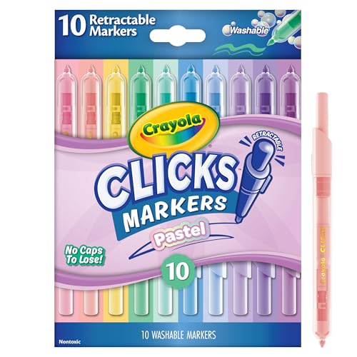 CRAYOLA Cliks – 10 Feutres Lavables Rétractables sans Capuchon, Couleurs Pastel Assorties, Pointe Conique 2 en 1, pour École Maison et Voyage, Enfants et...