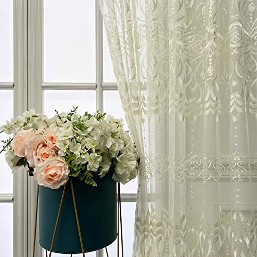 Wpkira Indoor/Outdoor Balcony Window Treatments Beige Lace Embroidered Rod Pocket Top Sheer Panels Tulle Voile Door Window Curtain Drape For Living Room , 1 Panel W54 X L84 Inch #TOP4