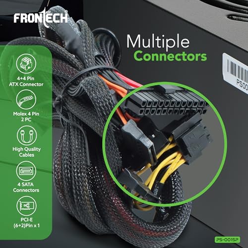 Image of Frontech Ultima 650W Power Supply with 120mm RGB Fan, ATX 12V, DC-DC PFC, 4 SATA, 2 Molex, PCI-E (6+2), Sleeved Cables, OCP /OVP /SCP Protections & 3-Year Warranty (PS-0015P)