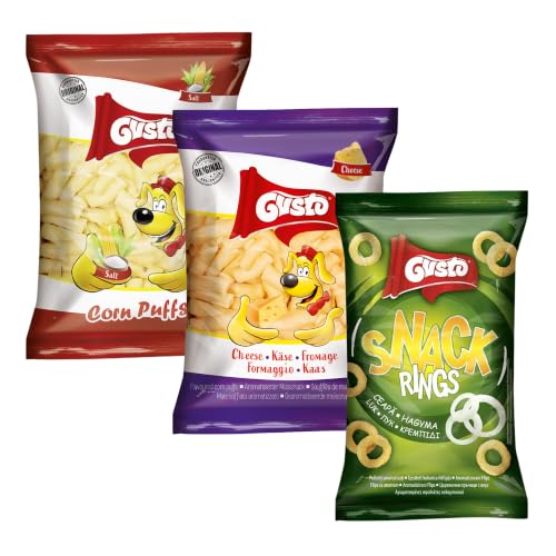 Gusto Salted Corn Puffs and Cheese Puffs and Crispy Onion Rings Bundle, Vegan Corn Puffs, Baked Cheese Flavored Snacks, Gluten Free Onion Ring Chips, Assorted Savory Snacks image 5